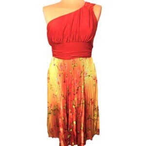Dress Small NWOT One Shoulder Plisse Pleated Asymmetrical floral orange